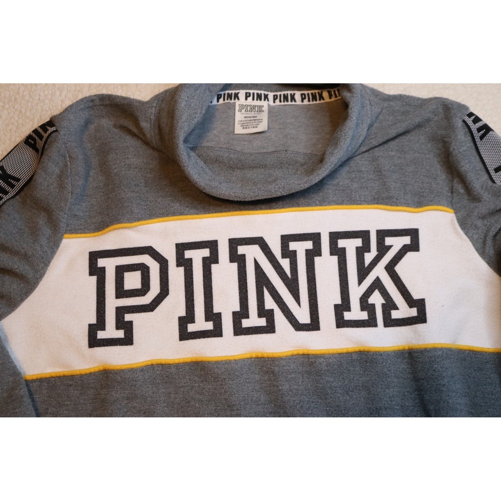 Victoria's Secret PINK Funnel Neck Sweatshirt Gray Logo Tape Pullover Medium - Picture 2 of 5